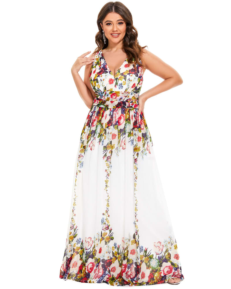 Front of a model wearing a size 14 Pleated Sleeveless V-Neck Chiffon Maxi Dress in Printed Cream by Ever-Pretty. | dia_product_style_image_id:291896